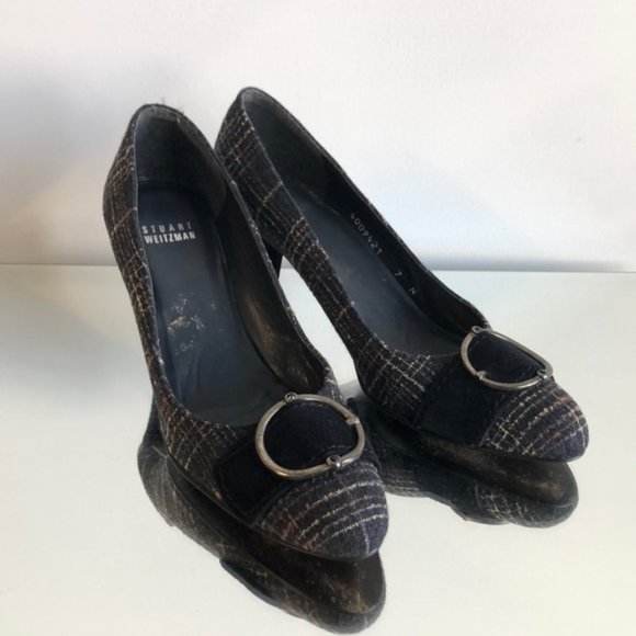 Stuart Weitzman Classic Gray Plaid Tweed Heels Size 7N - Picture 1 of 8